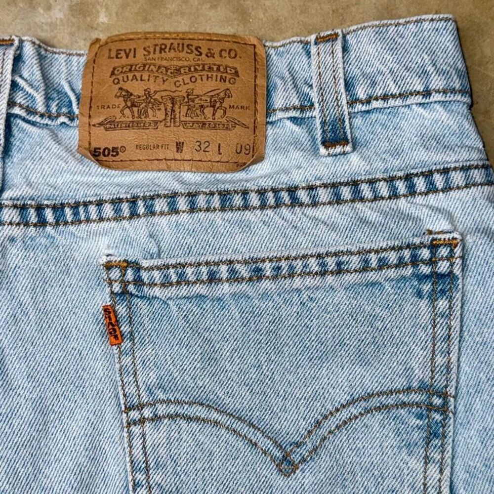 Vintage 90s Levis 505 Jean Shorts 32 Blue Light Wash Orange Tab USA Made Jorts